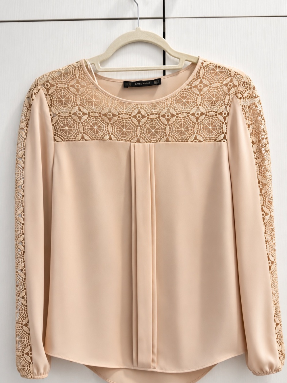 Zara Blush Lace Yoke Long-Sleeve Blouse